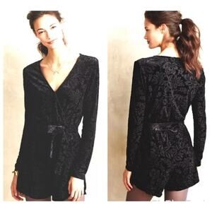 SAYLOR Black Velvet Burnout Floral Pattern Romper with Long Sleeves. Size S